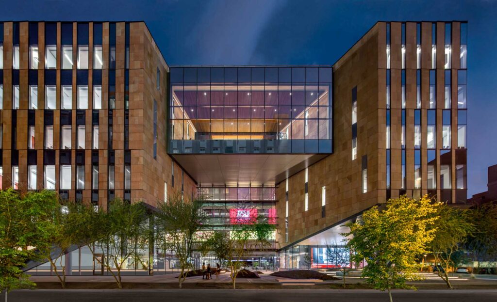 exterior of ASU Beus Center for Law and Society at night