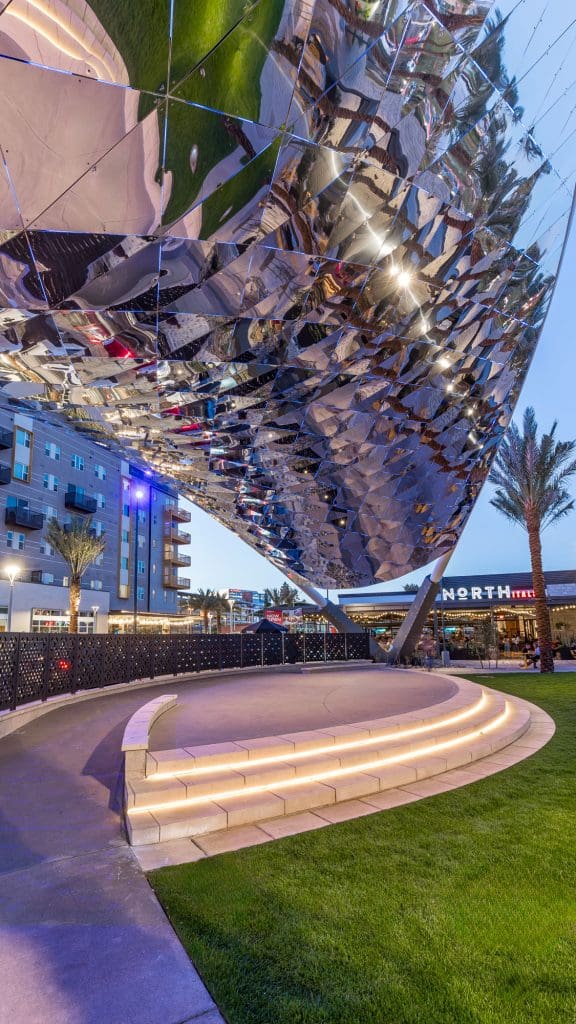 Novus mirrored shade canopy with 500 aluminum panels by Kovach